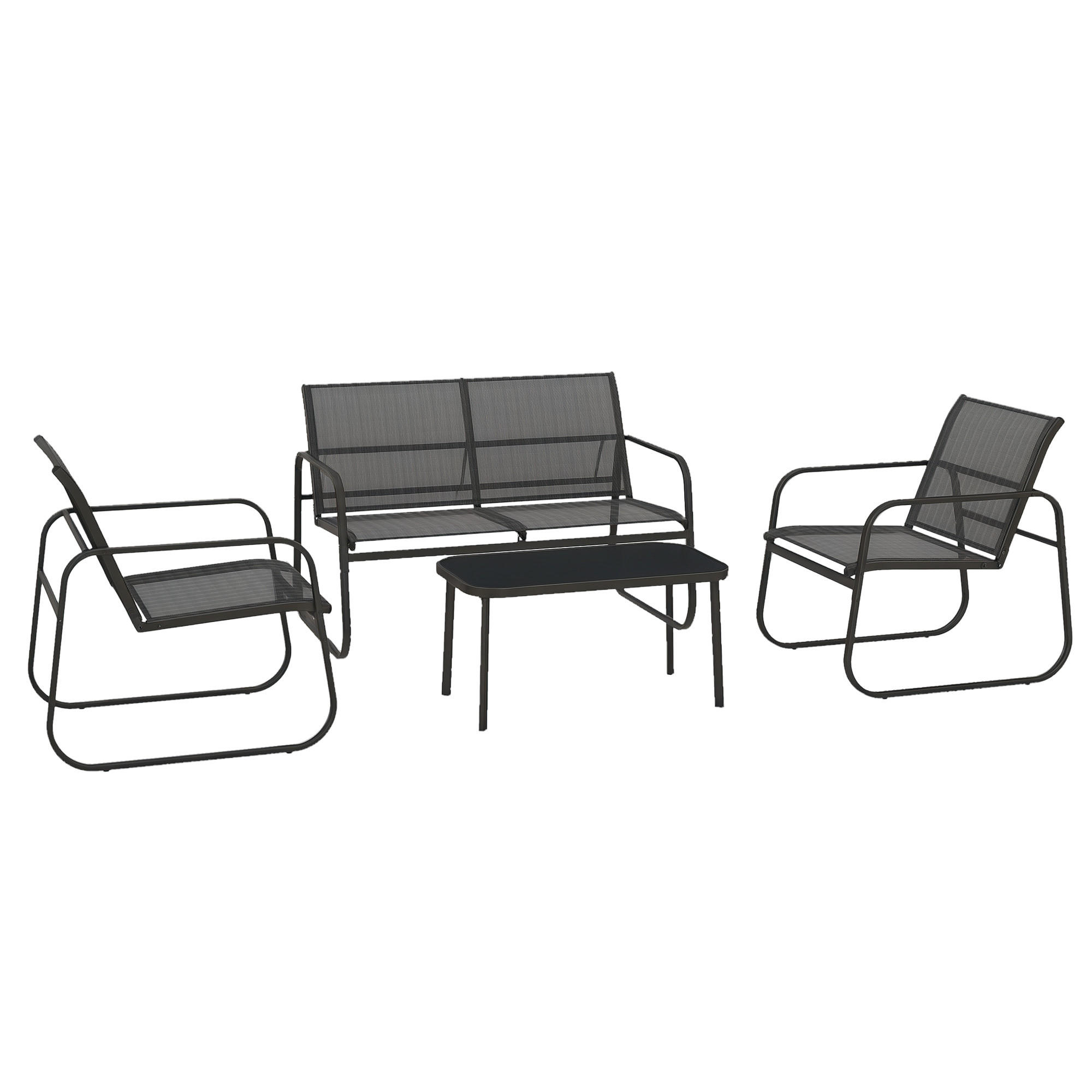 4-TEILIGE GARTENGARNITUR DE-06532 2 Sessel, 2-Sitzer-Sofa, Tisch mit Glasplatte Schwarz - Schwarz, Metall - ComfortXL