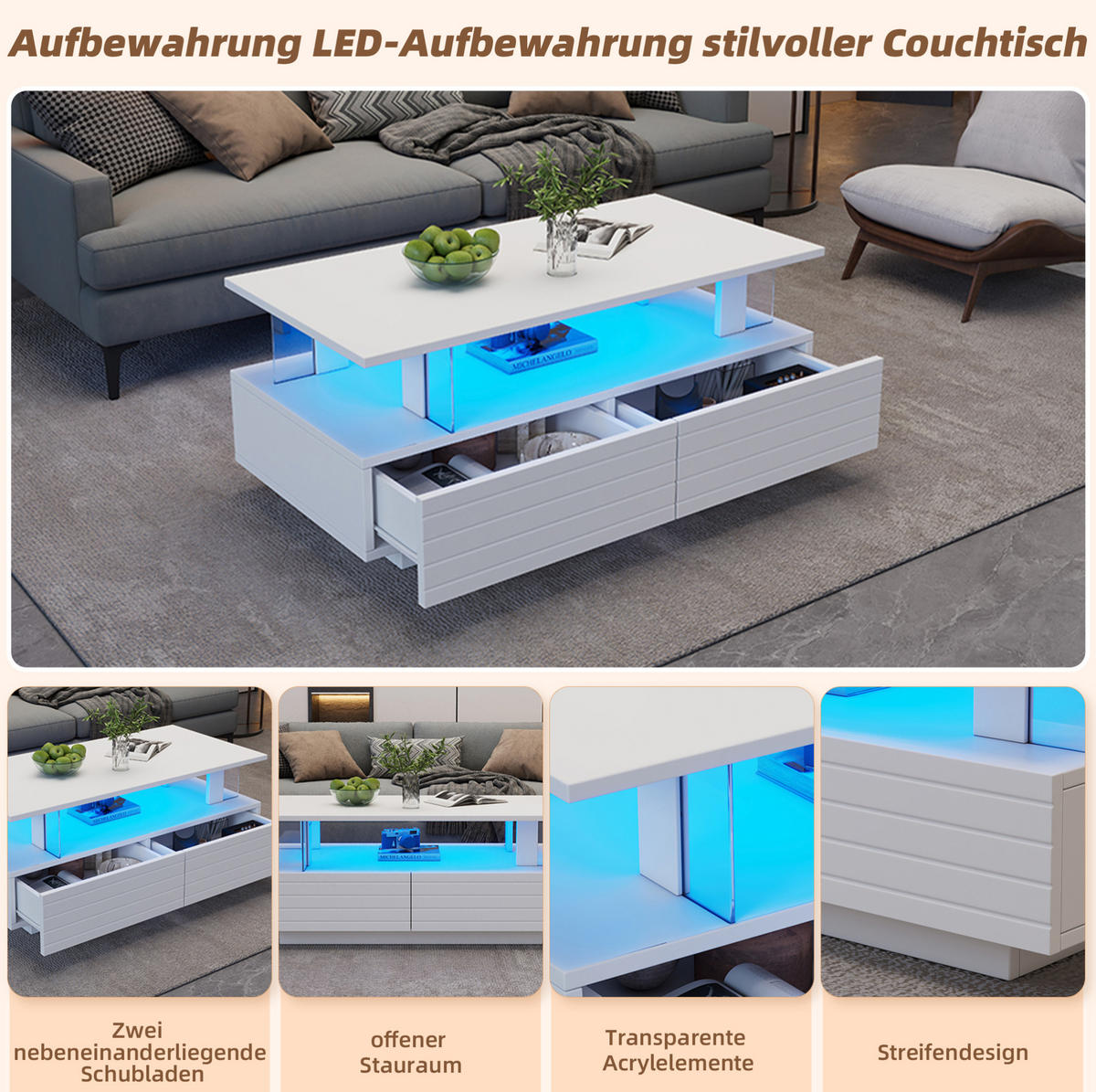 KLUB stolić 100/50/42 cm s LED rasvjetom, 2 ladice i akrilnom površinom, Bijela - bijela, drvni materijal/plastika (100/50/42cm) - Redom