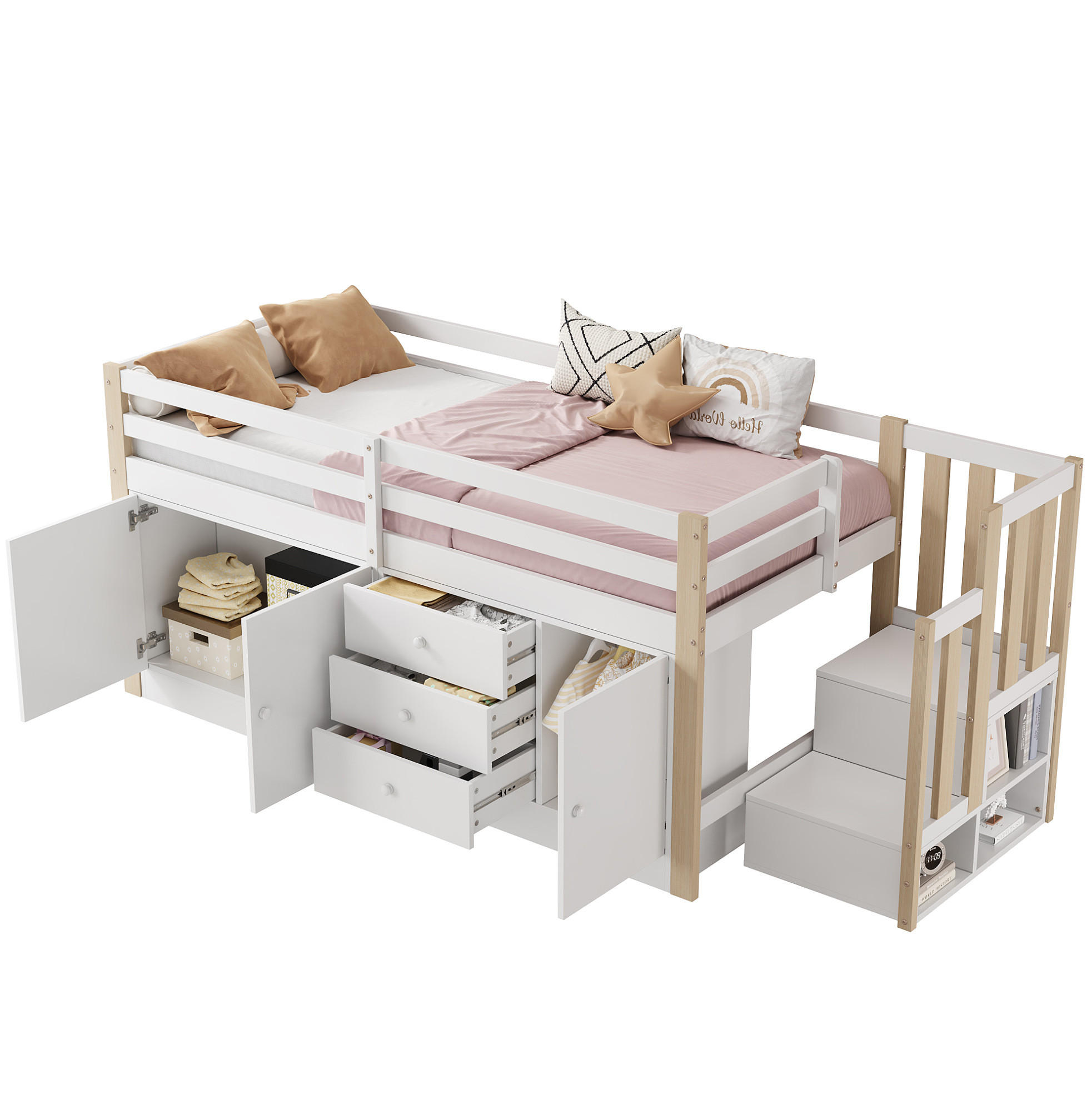 HOCHBETT 90/200 cm Weiß aus MDF mit Treppe und Stauraum - Weiß, Holzwerkstoff (90/200cm) - OKMYHOME