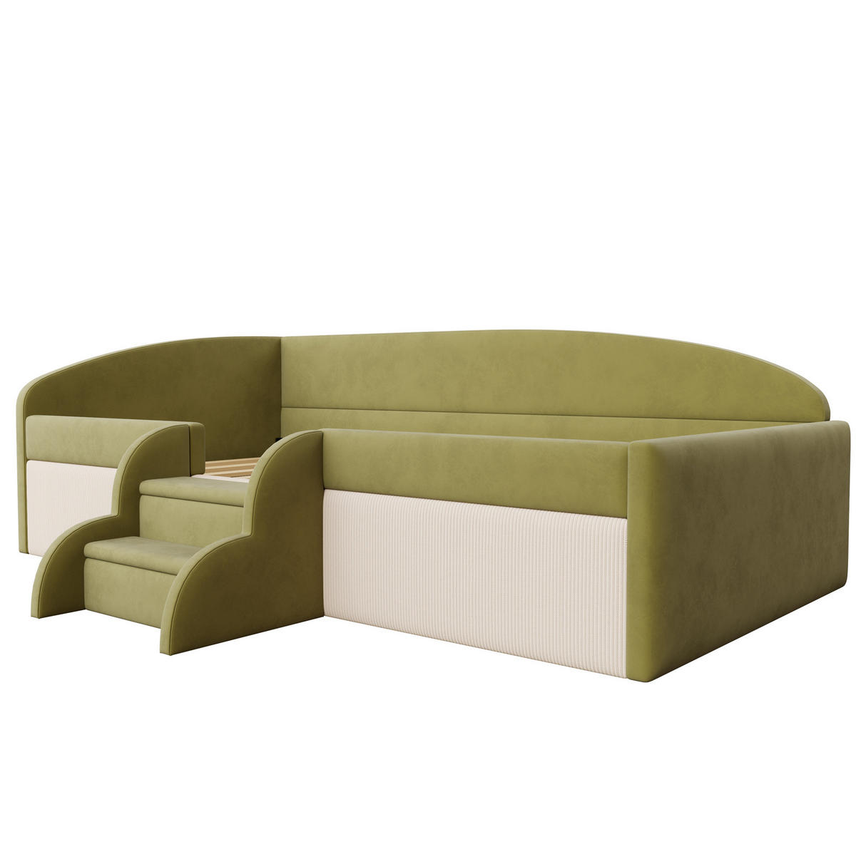 KINDERBETT 90/190 cm Dunkelgrün Cremeweiß Multifunktionsbett mit Stufen und Zäunen - Grün, Textil (90/200cm) - OKWISH