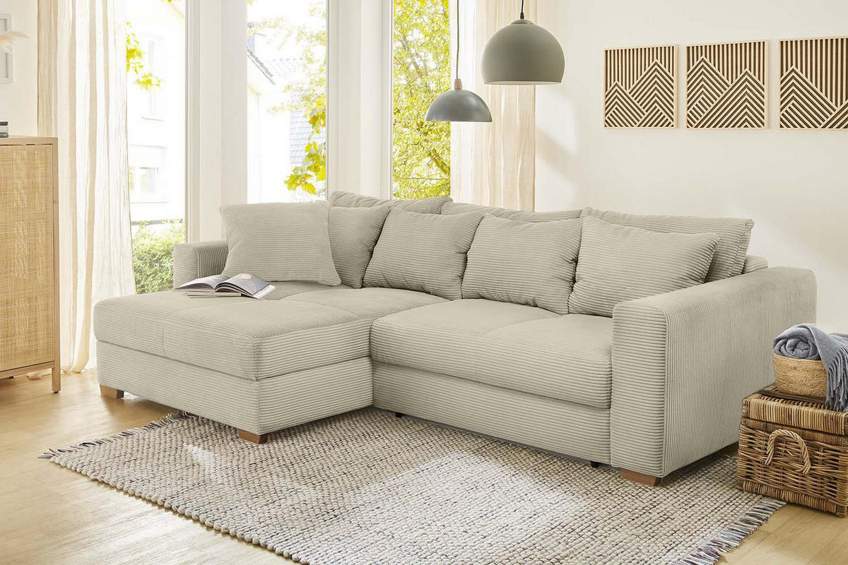 ECKSOFA-DAUERSCHLÄFER Federkern Bettkasten, seitenverkehrt montierbar B288/T186/H86 cm, Liegefl. 153x245 cm, Cord Beige Grau / 15154 - Greige/Eichefarben, Holz/Textil (288/186cm) - luma-home