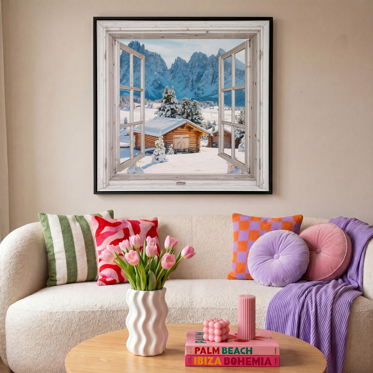 LEINWAND Bilder mit Rahmen - Winterlandschaft - Hütte - Berge - Ausblicke - Aussicht - Natur - 90x90 - Weiß Hochglanz, Textil (90/90cm) - MuchoWow
