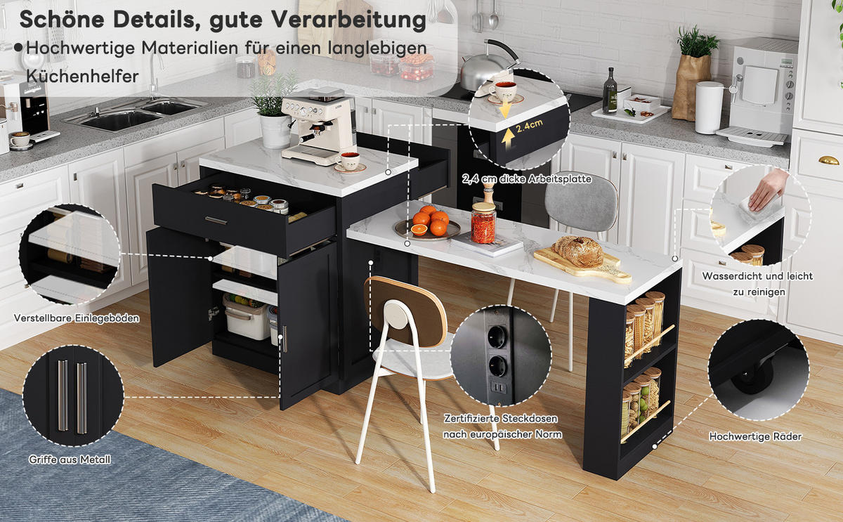 KÜCHENINSEL ausziehbar mit Esstisch, Steckdose und 2 Schubladen - Schwarz, Holzwerkstoff (211/89.5/55cm)
