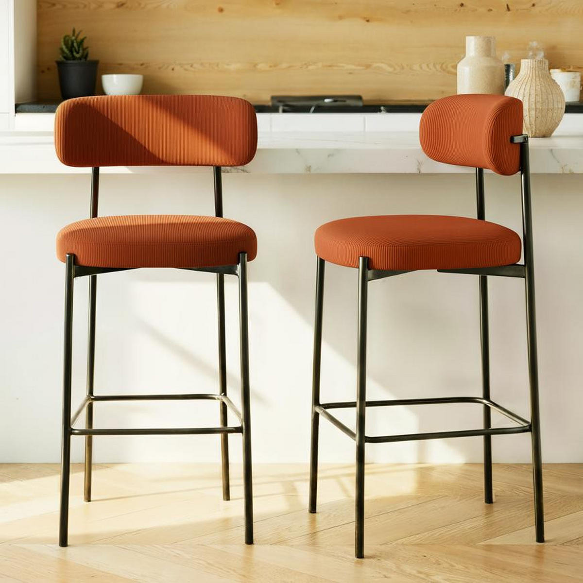 BARHOCKER 2er-Set Iris modernen in terrakottafarbenem Cord-Samt, 75 cm - Terracotta/Schwarz, Textil/Metall (51/107/52.5cm) - Sicaan