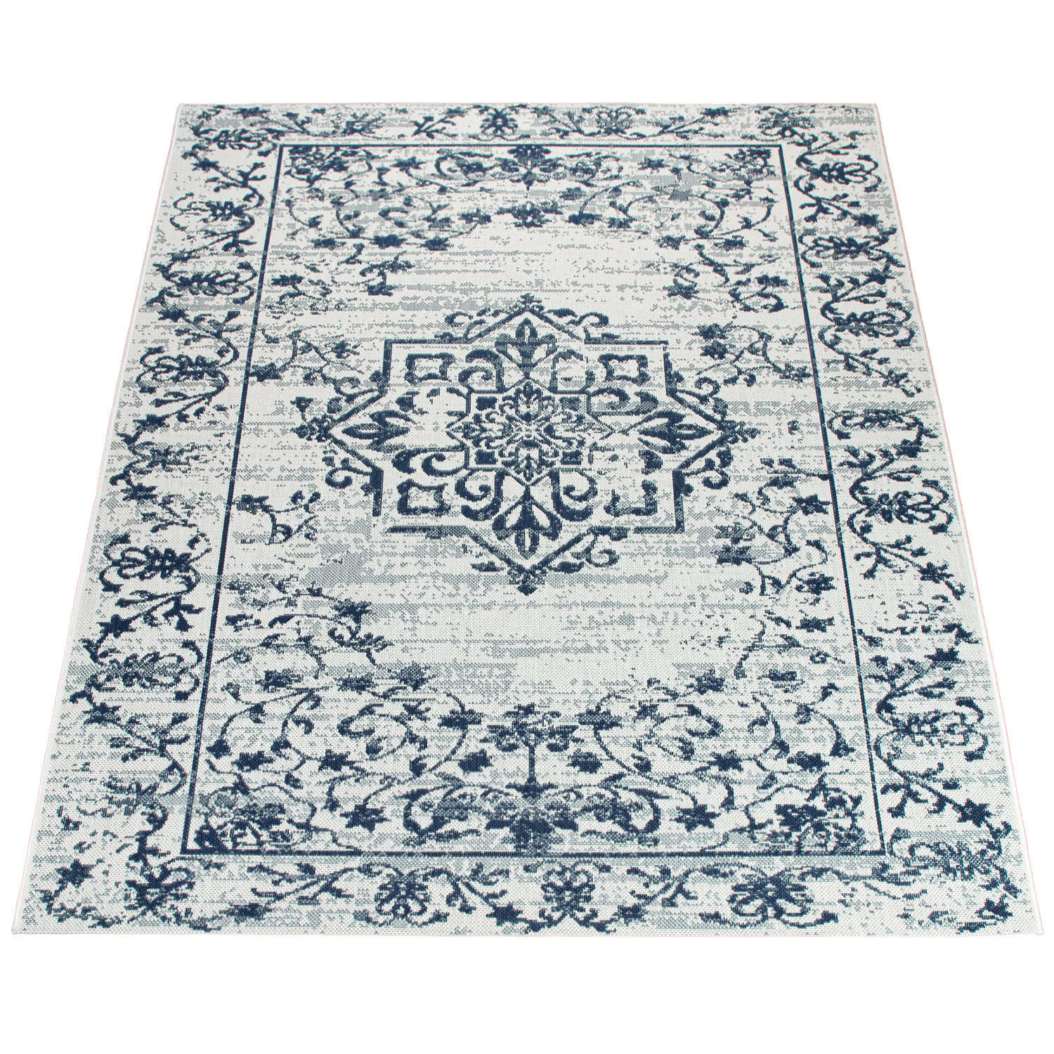 TEPPICH Outdoor Medaillon-Vintage Balkon, Terrasse schmutzabweisend Dunkelblau Rechteckig 80x150 - Blau, Textil (80/150cm) - KADIMA DESIGN