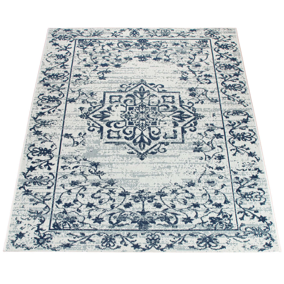 TEPPICH Outdoor Medaillon-Vintage Balkon, Terrasse schmutzabweisend Dunkelblau Rechteckig 80x150 - Blau, Textil (80/150cm) - KADIMA DESIGN