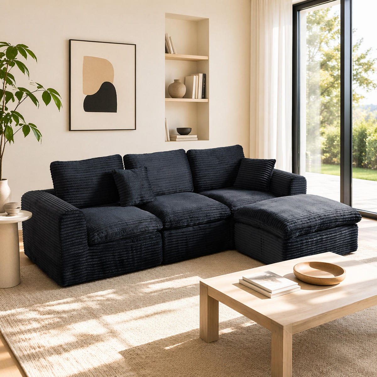 ECKSOFA 280/180/65 cm Bleu-noir Cord mit 1 Fußhocker - Multicolor, Textil (180/280cm) - Oxeza
