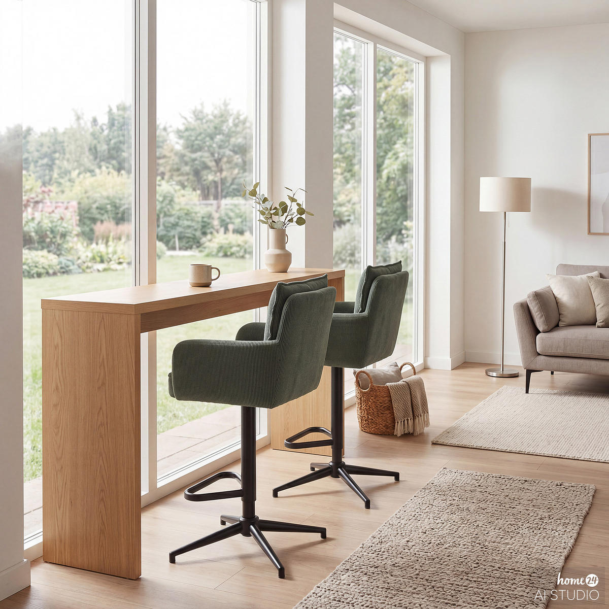 BARSTUHL - 2er-Set - Höhenverstellbar - Cord / Eisen - Dunkelgrün, Textil/Metall (54/100/58cm) - home24