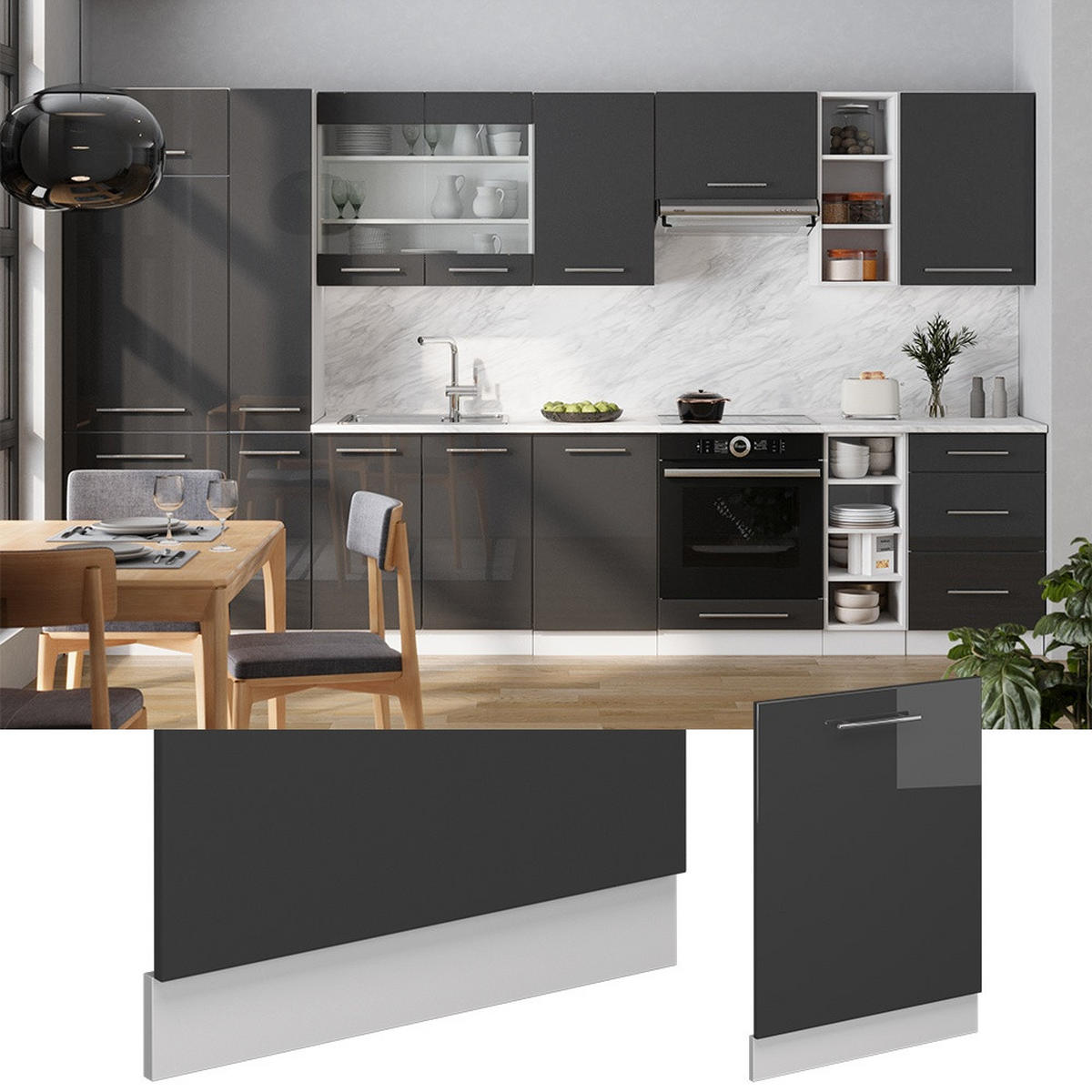 SPREDNJA PLOŠČA POMIVALNEGA STROJA Fame-Line Antracit z visokim sijajem 60 cm , DP Antracit - črna/bela, leseni material (60/81.8/1.6cm) - Vicco