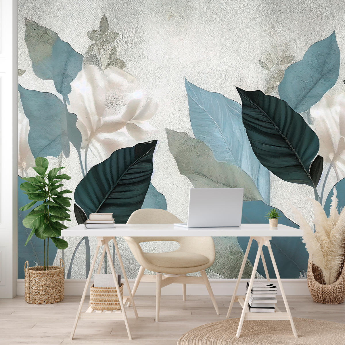 FOTOTAPETA Pre Obývaciu Izbu Modré Listy Betón Vintage Minimalistická 400 x 280 cm - sivá, papier (400/280cm) - Muralo