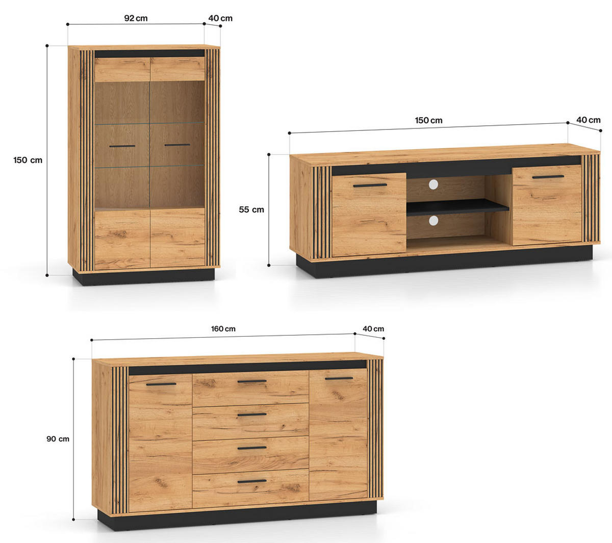 WOHNZIMMER-SET Urso 3-teilig Gold Craft Eiche / Schwarz - Eichefarben/Schwarz, Holz/Holzwerkstoff (402/141/40cm) - Feldmann-Wohnen