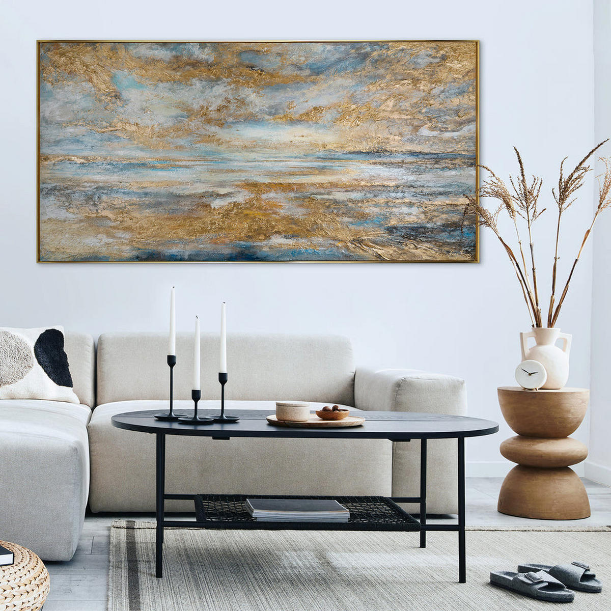 GEMÄLDE Goldene Bucht Schattenfugenrahmen Gold 140x70 cm - Goldfarben, Holz (140/70cm) - YS-art gallery