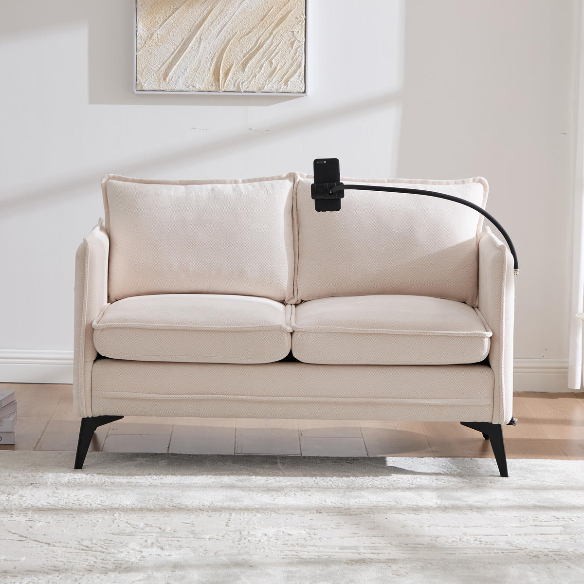 SOFA 2-Sitzer modernes Design mit Handy-Halterung Beige Chenille 127/69/66 cm - Beige, Textil (127/66/69cm) - OKWISH