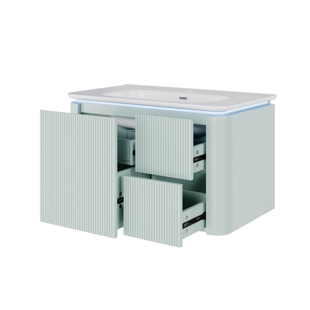 Modfu ZÁVĚSNÁ skříňka pod umyvadlo z MDF a keramiky 80,5x47,5x51 cm zelená s LED senzorem a tichými zásuvkami