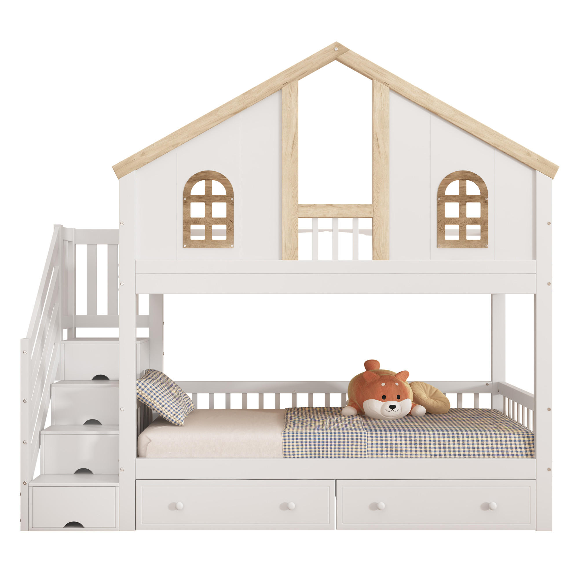 ETAGENBETT aus Kiefer und MDF 90x200 cm Weiß/Natur mit Stauraumtreppe und Schubladen - Weiß, Holz (90/200cm) - Modfu