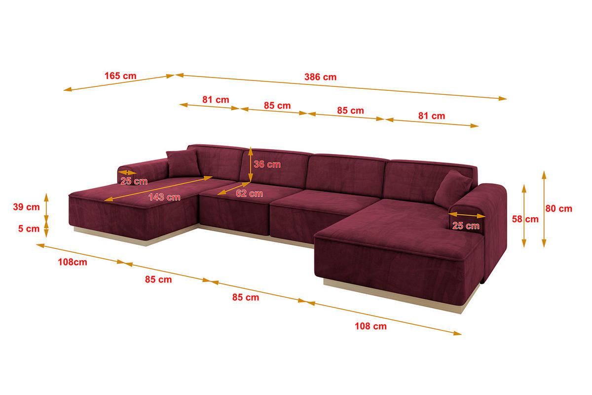 WOHNLANDSCHAFT IREA-U2 - 386x165x80 cm Bordeauxrot - Bordeaux, Holzwerkstoff/Textil (386/80/165cm) - ALTDECOR