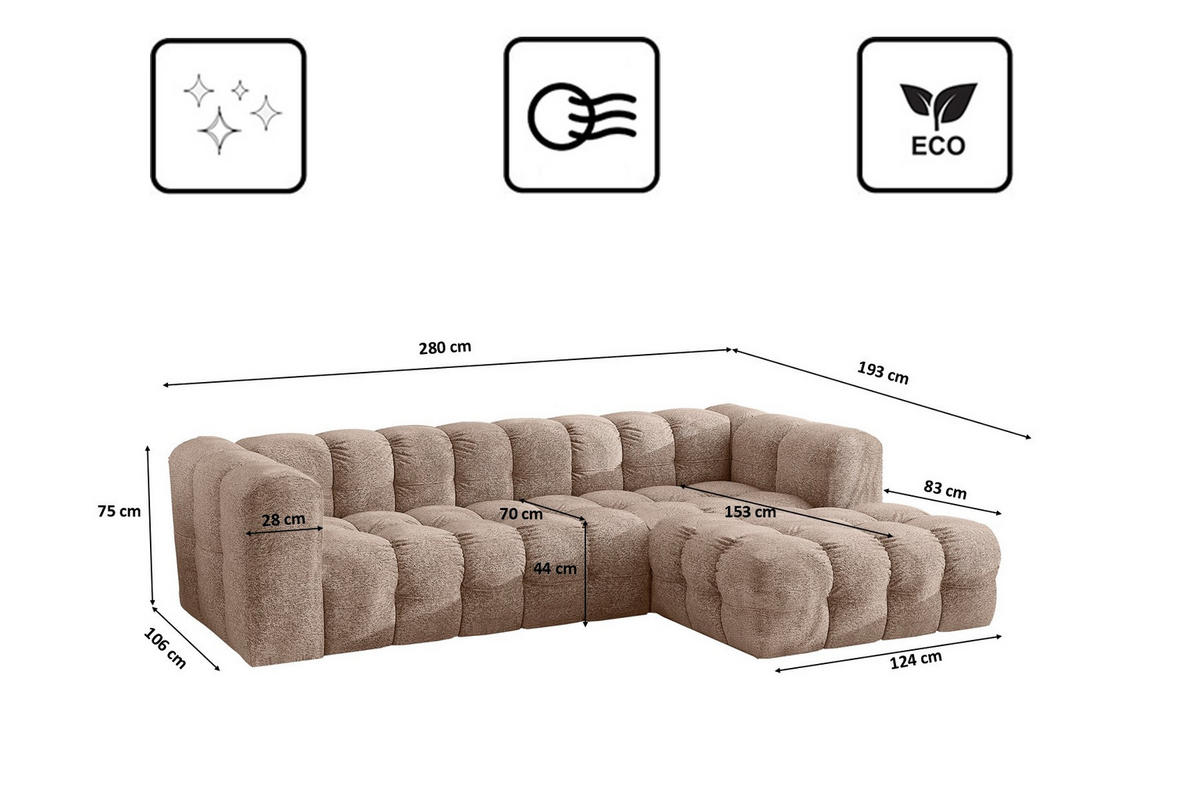 ECKSOFA L-form BALOO L, Chenille-Stoff Arena, Dunkelbeige, Rechts - Beige, Holz (280/193cm) - Kaiser Möbel
