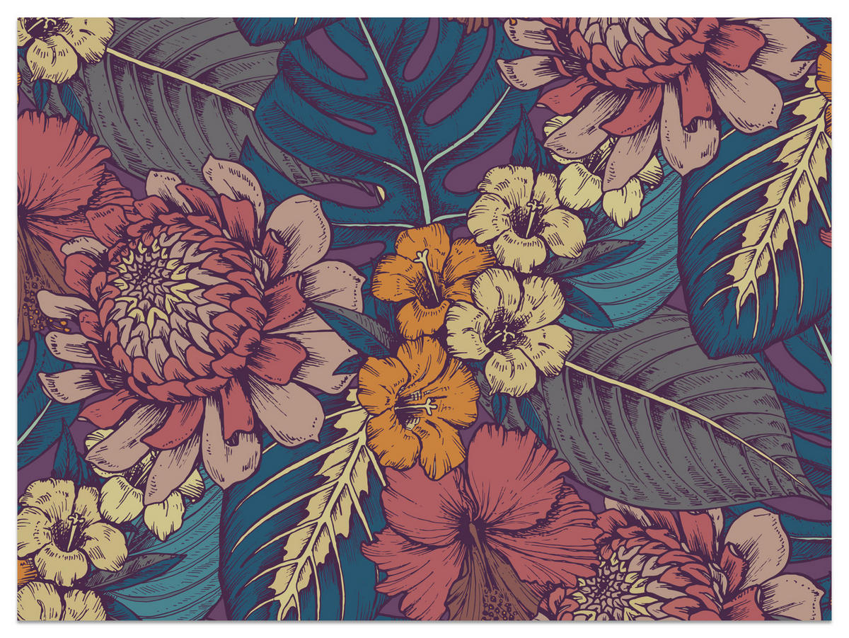 FOTOTAPETE für Schlafzimmer Retro Bunte Blätter Blumen Pflanzen 200x140 - Türkis/Blau, Papier (200/140cm) - Muralo