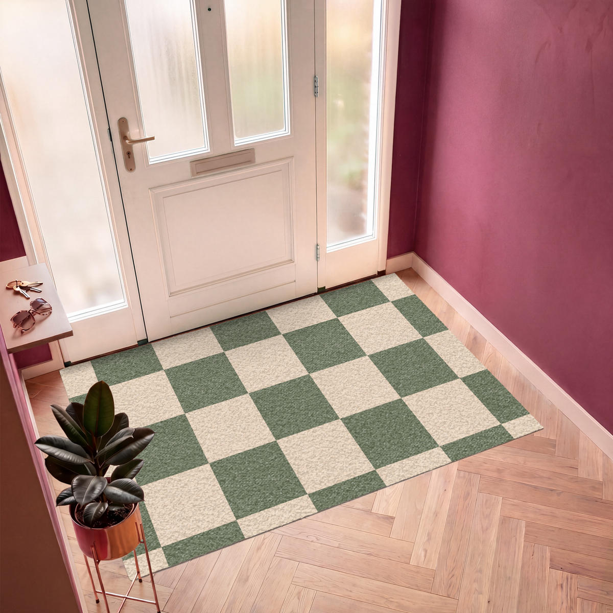 FUSSMATTE Schachbrettmuster - Grün - Beige - Blöcke Flurteppich 180x120 cm - Olivgrün, Kunststoff (180/120cm) - MuchoWow