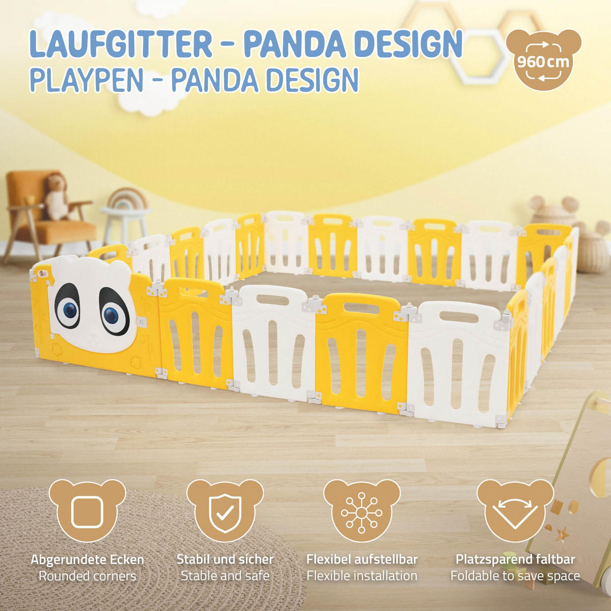 LAUFGITTER Baby faltbar 240 x 240 cm - Gelb, Kunststoff (240/53/240cm) - Joyz