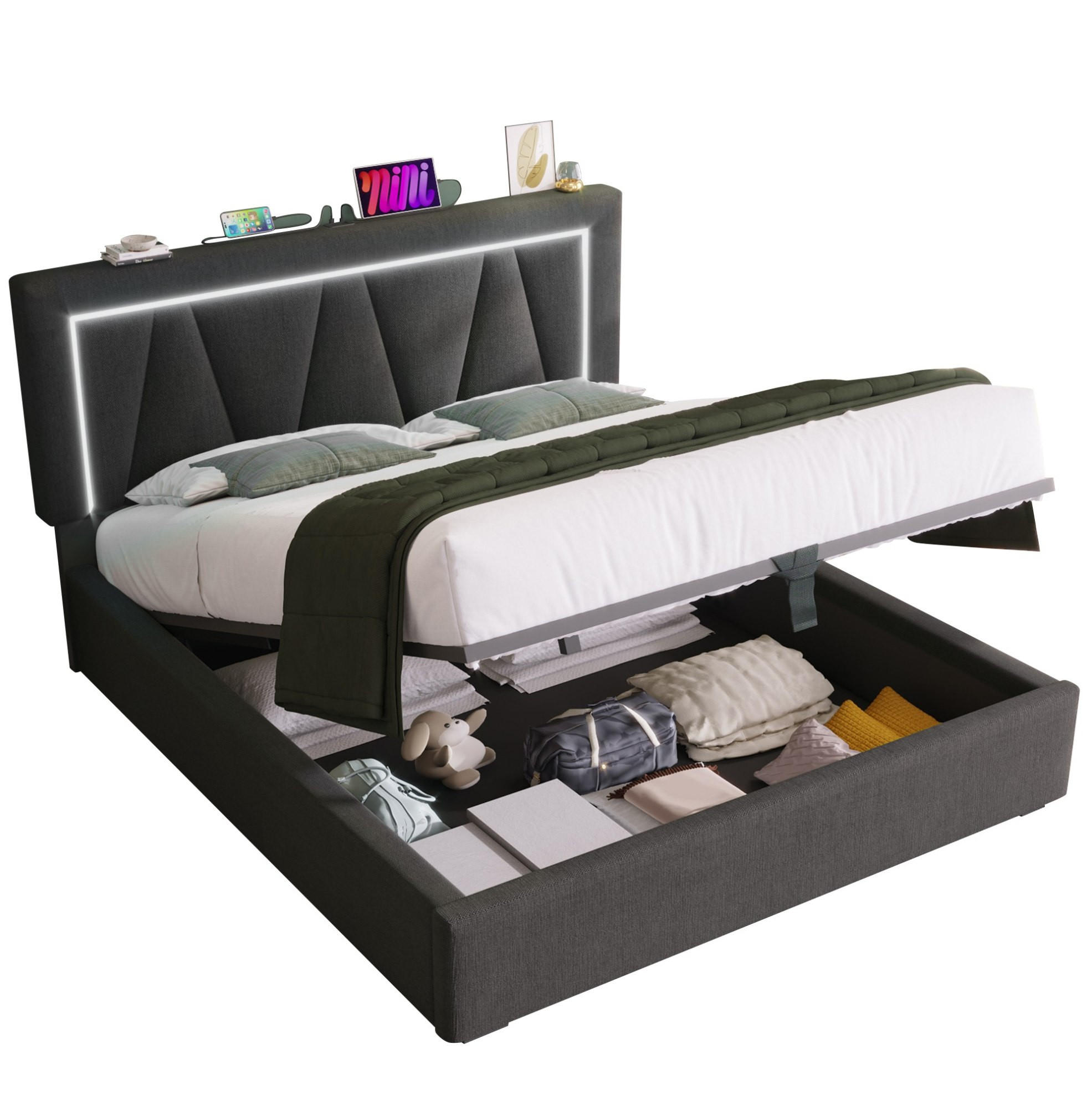 ČALOUNĚNÁ postel LED s USB a úložným prostorem, 160/200 cm, šedá, látka - šedá, textil (160/200cm) - BEAOK