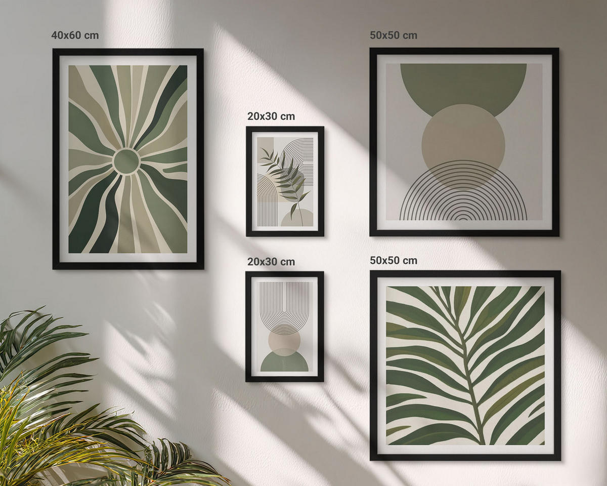BILDER SET 5er Set - 50x50 cm & 20x30 cm & 40x60 cm Schwarzer Rahmen - Abstrakte Blätter im Boho-Stil - Schwarz, Kunststoff (40/60cm) - TULUP