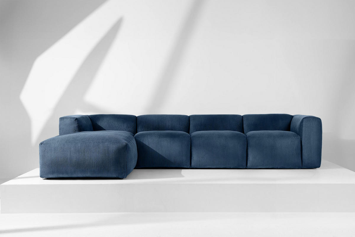 ECKMODULSOFA-LINKS BUFFO 6-Sitzer mit extrem weicher Sitzfläche, Kordstoff, marineblau - Blau/Grün, Textil (377/180cm) - KONSIMO®