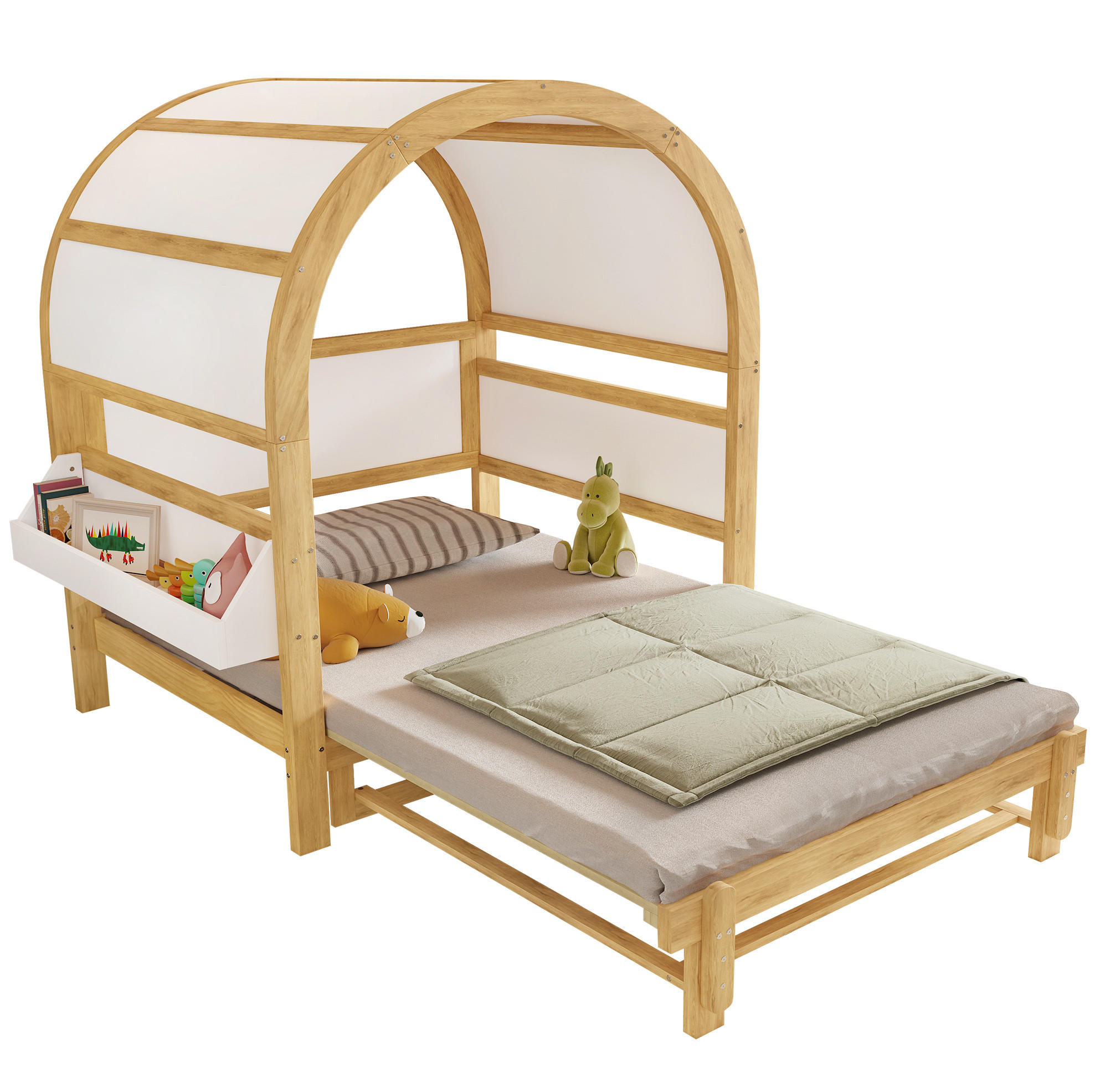 HAUSBETT aus Kiefer und MDF 140x200 cm Weiß/Natur mit Ausziehbett, Ablagefläche und gewölbtem Dach - Weiß, Holzwerkstoff (140/200cm) - Modfu