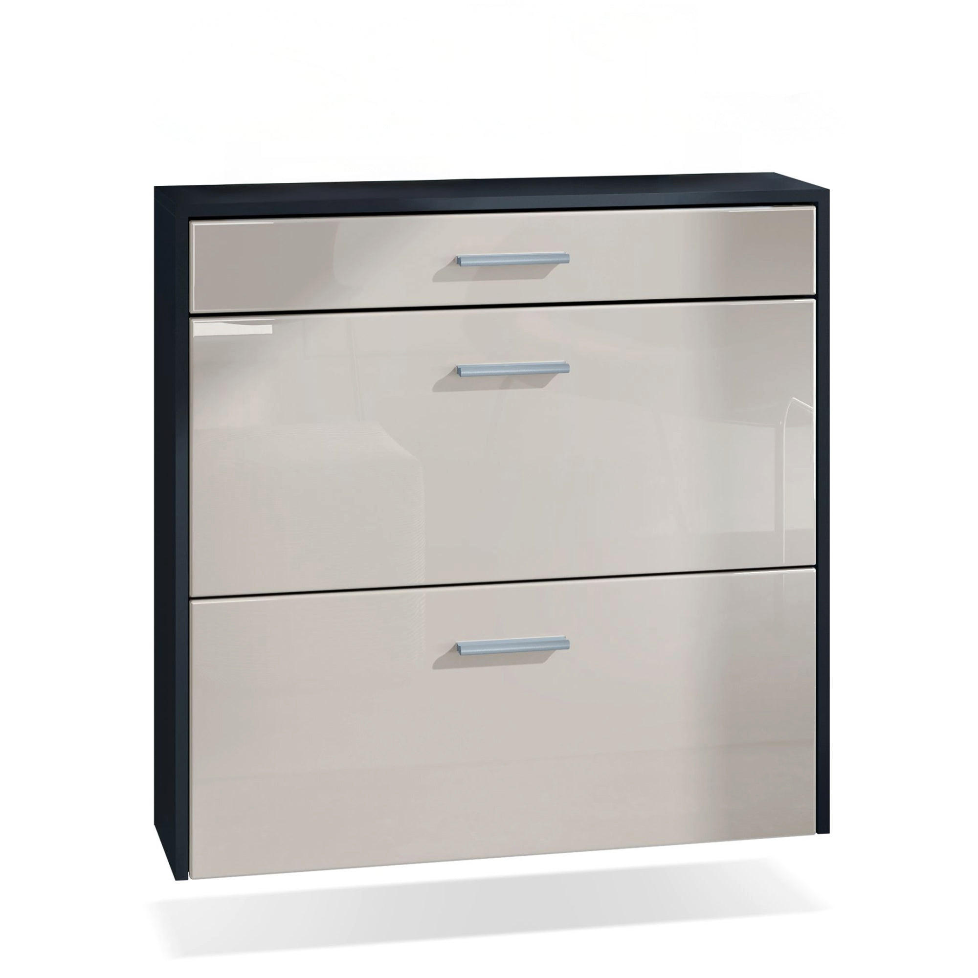 HÄNGENDER-SCHUHSCHRANK Roma Air Schmal mit 2 Klappen und 1 Schublade, Platzsparender Schuhkipper, Schwarz/Sandgrau Hochglanz (89 x 87 x 23 cm) - Beige, Holzwerkstoff (89/87/23cm) - InnoFurn