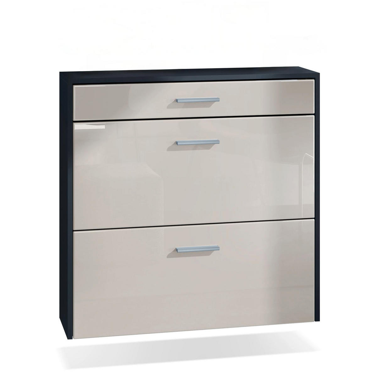 HÄNGENDER-SCHUHSCHRANK Roma Air Schmal mit 2 Klappen und 1 Schublade, Platzsparender Schuhkipper, Schwarz/Sandgrau Hochglanz (89 x 87 x 23 cm) - Beige, Holzwerkstoff (89/87/23cm) - InnoFurn