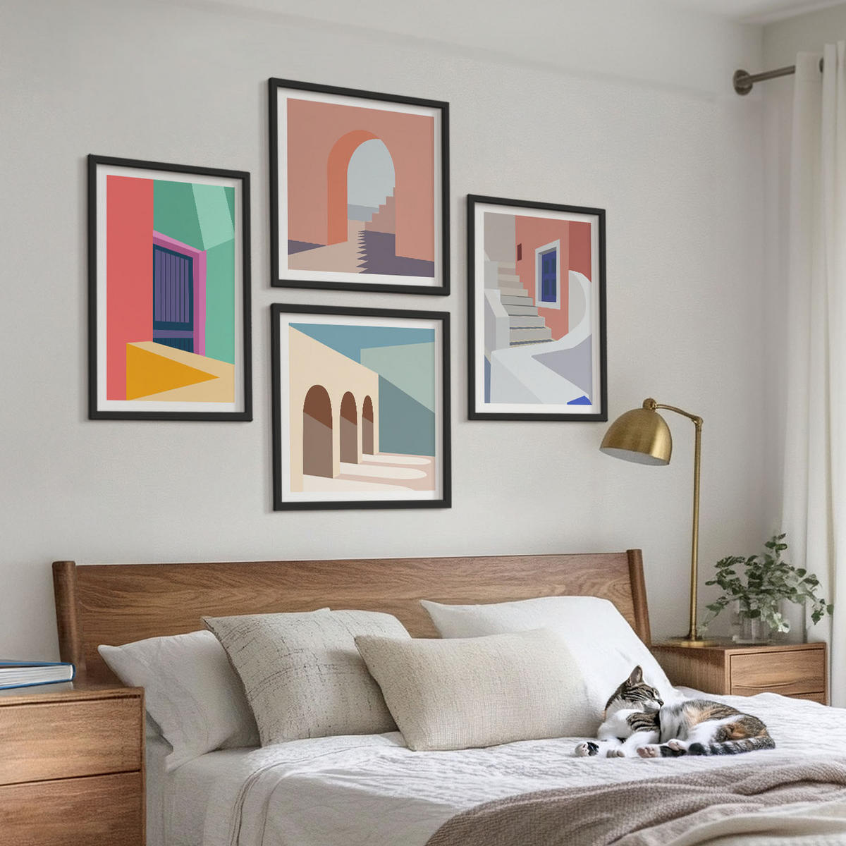 BILDER SET 4er Set - 50x50 cm & 40x60 cm Schwarzer Rahmen - Farbenfrohe moderne Gebäude - Schwarz, Kunststoff (50/50cm) - TULUP