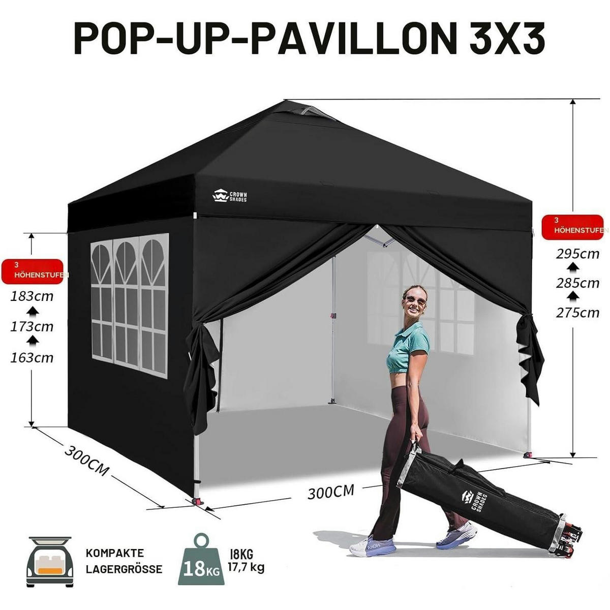 FALTPAVILLON 3x3 m wasserdicht mit 4 Seitenteilen UV-Schutz 50+ Schwarz - Schwarz, Textil (300/284/300cm)