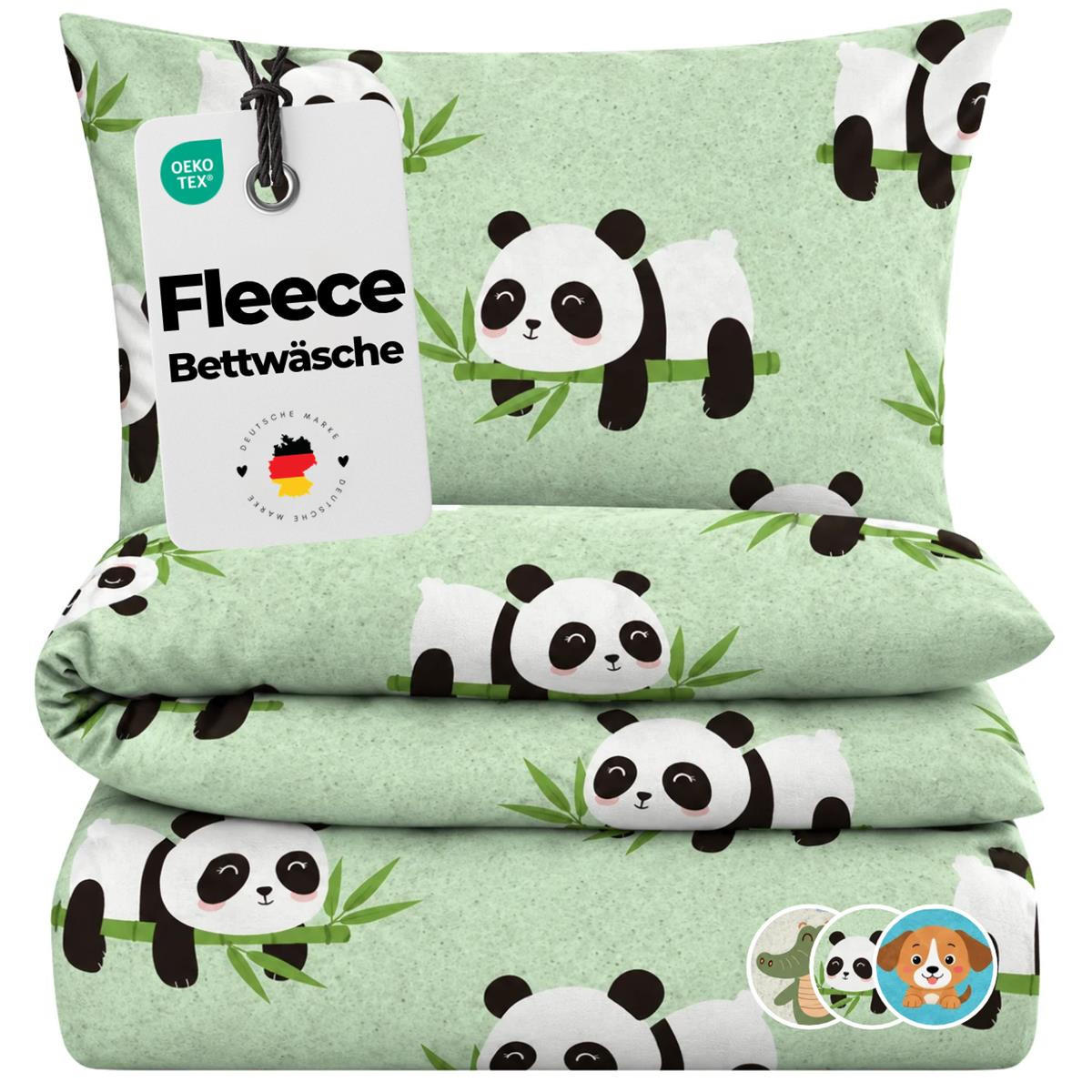 FLEECE-KINDERBETTWÄSCHE 135x200 für Kinder - Warme Kinder Winter Bettwäsche aus Polyester - Pandas - Grün, Textil (135/200cm) - Carpe Sonno