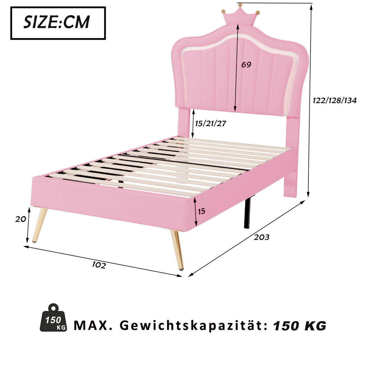 KINDERBETT 90/200 cm Rosa Polsterbett mit LED-Beleuchtung und Kronen-Design - Pink, Textil (90/200cm) - OKWISH