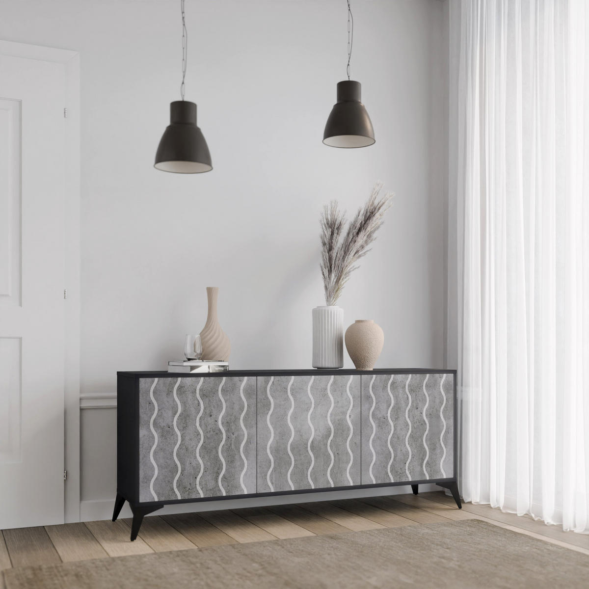 SIDEBOARD WAVES OF CONCRETE, Eicheneffekt, 164,5x42x77,5 cm, 3 Türen - Eichefarben/Buchefarben, Holzwerkstoff/Buchenholz (164.5/77.5/42cm) - SpaceRebels