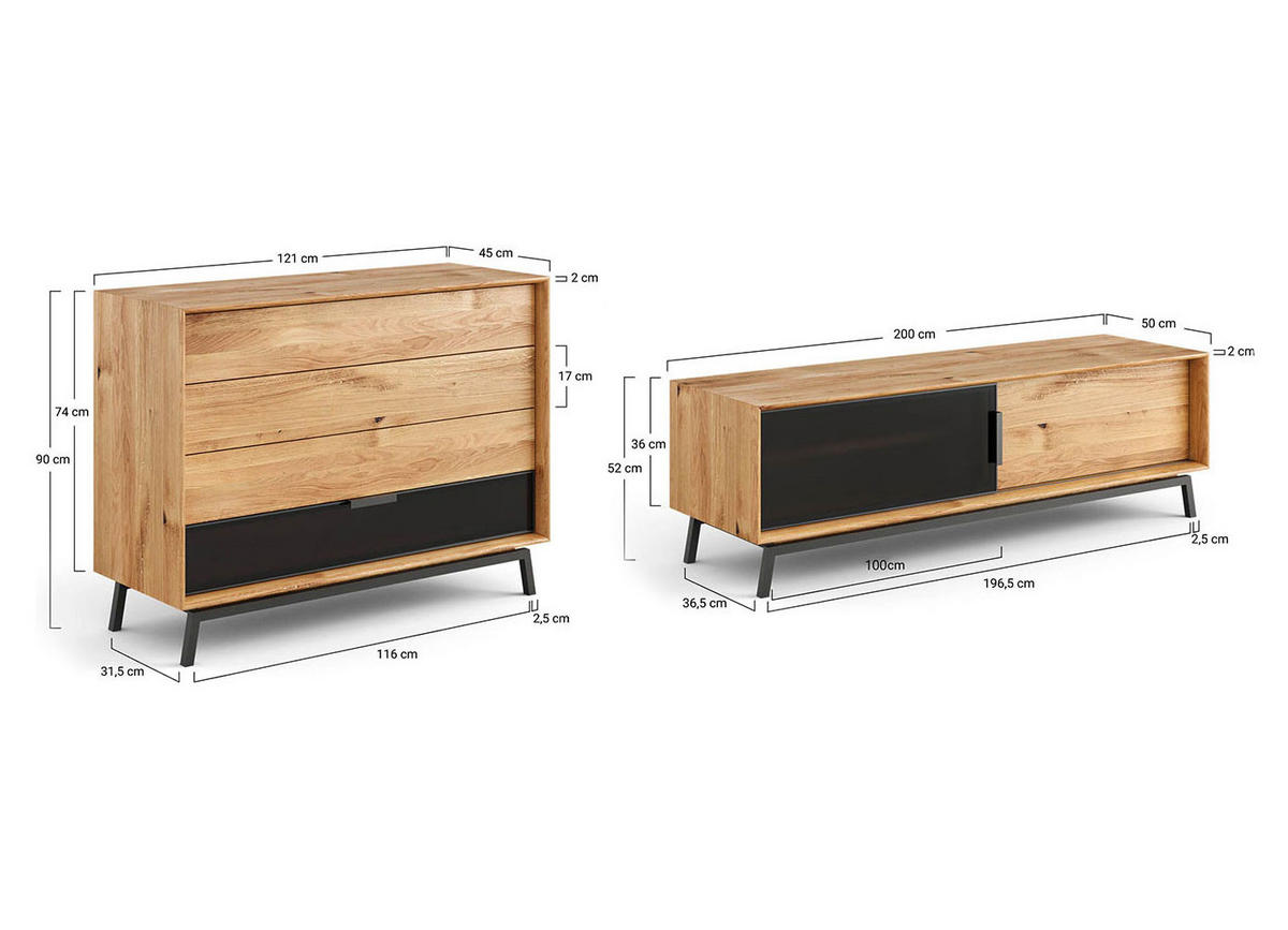 WOHNWAND 2er-Set Modern Loft Eiche Natur 321 / 50 / 90cm - Eichefarben/Schwarz, Holz/Metall (321/90/50cm) - Feldmann-Wohnen