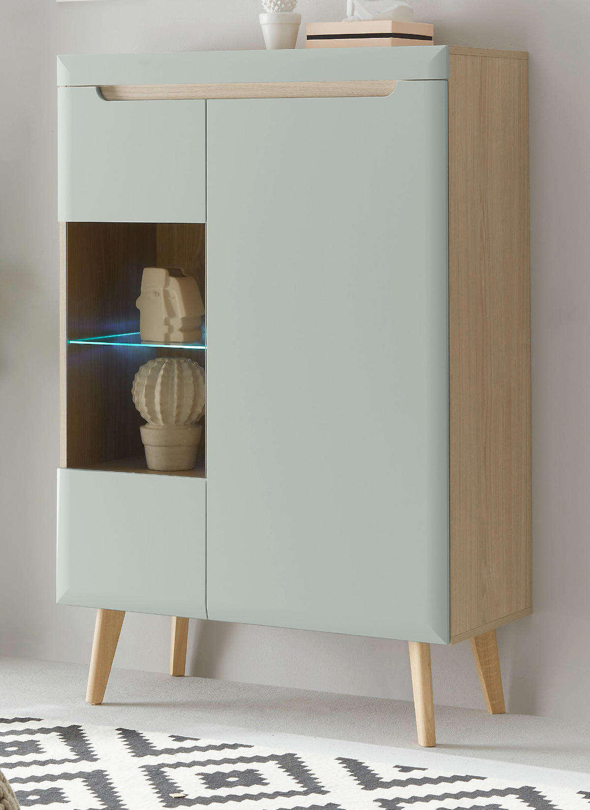 HIGHBOARD Pistazie grün, Eiche, skandinavisch 90 x 134 cm, Vitrine mit Soft-Close-Funktion - Eichefarben/Pastellgrün, Glas/Holz (90/134/40cm) - Furn.Design