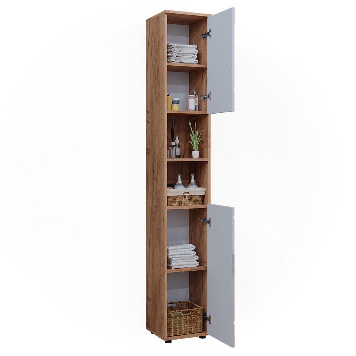 BADSCHRANK Irma Eiche 30 x 192 cm mit Türen, und offenen Fächern - Weiß Hochglanz, Holzwerkstoff (30/192/30cm) - Vicco