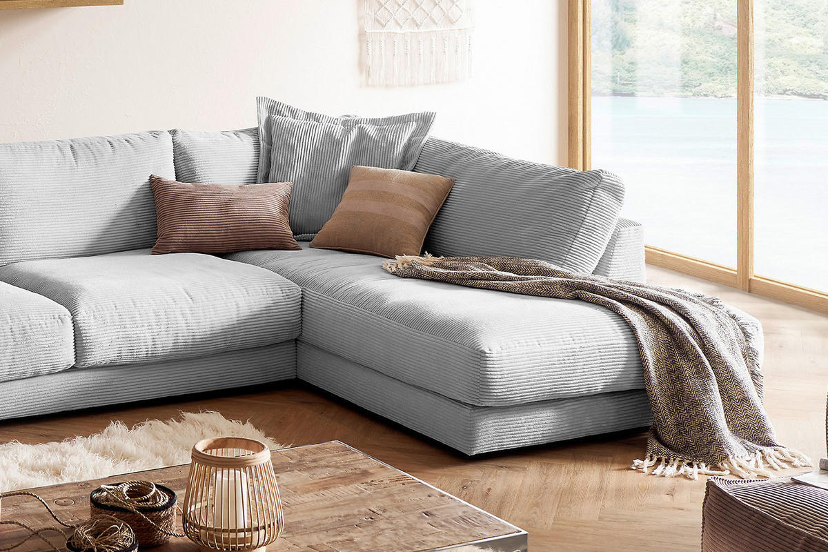 WOHNLANDSCHAFT MADELINE Hellgrau Cord - Hellgrau/Schwarz, Kunststoff/Textil (425/86/224cm) - KAWOLA