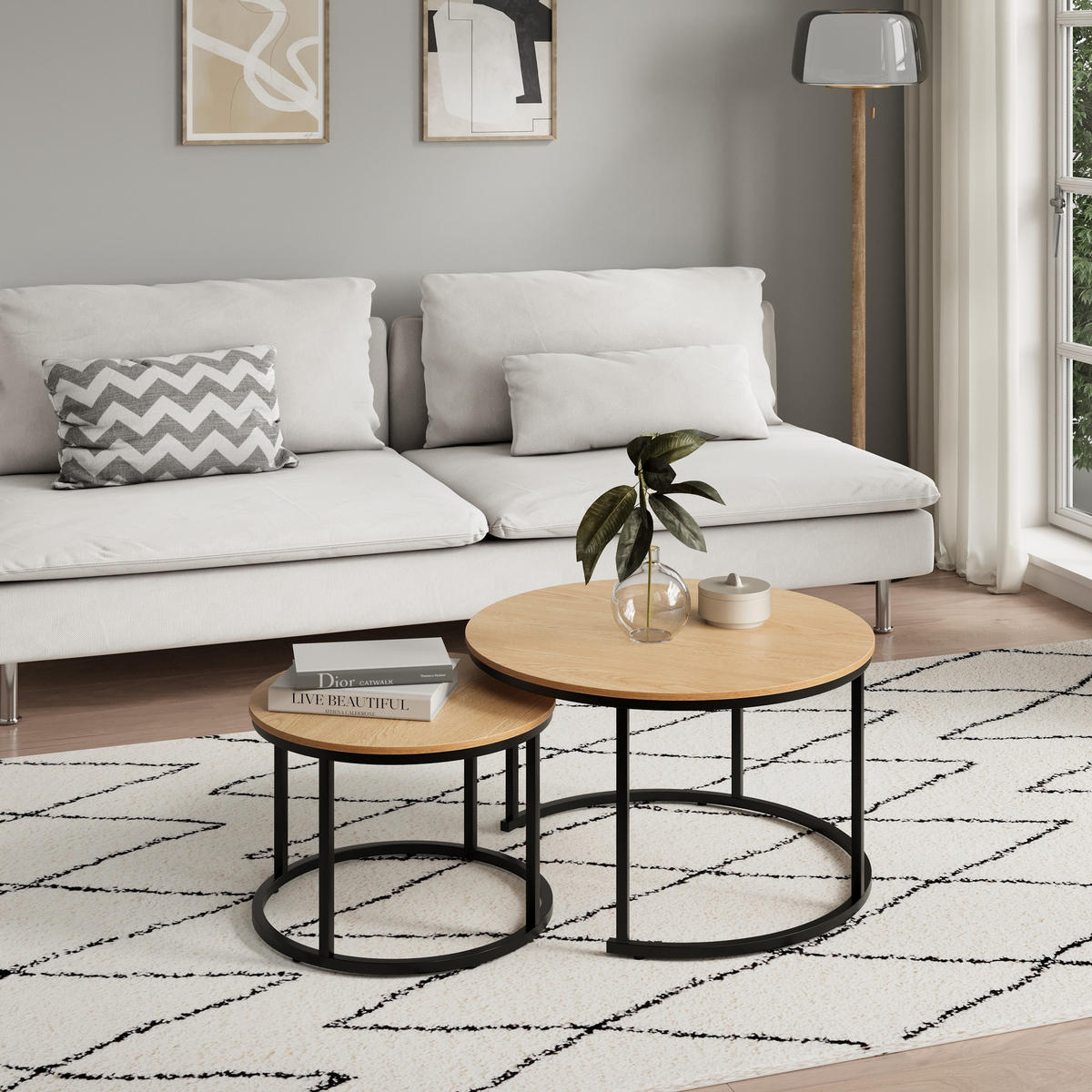 COUCHTISCH 2er Set rund Eiche hell - Hellbraun, Holzwerkstoff (70/70/42.5cm) - Home Collective
