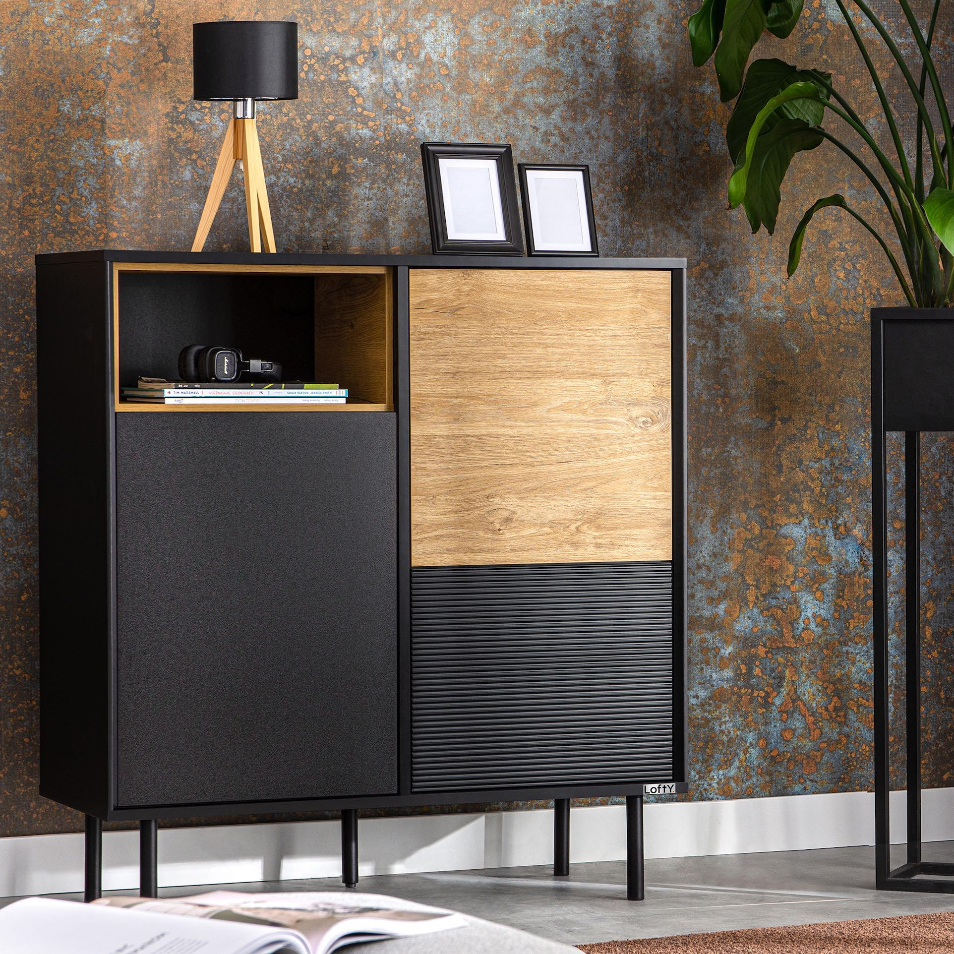 Thumbnail - Konsimo® Kommode, Schwarz, Eiche, Mehrfarbig, Holzwerkstoff, Quadratisch, 102x109x41 cm, Wohnzimmer, Kommoden & Sideboar...