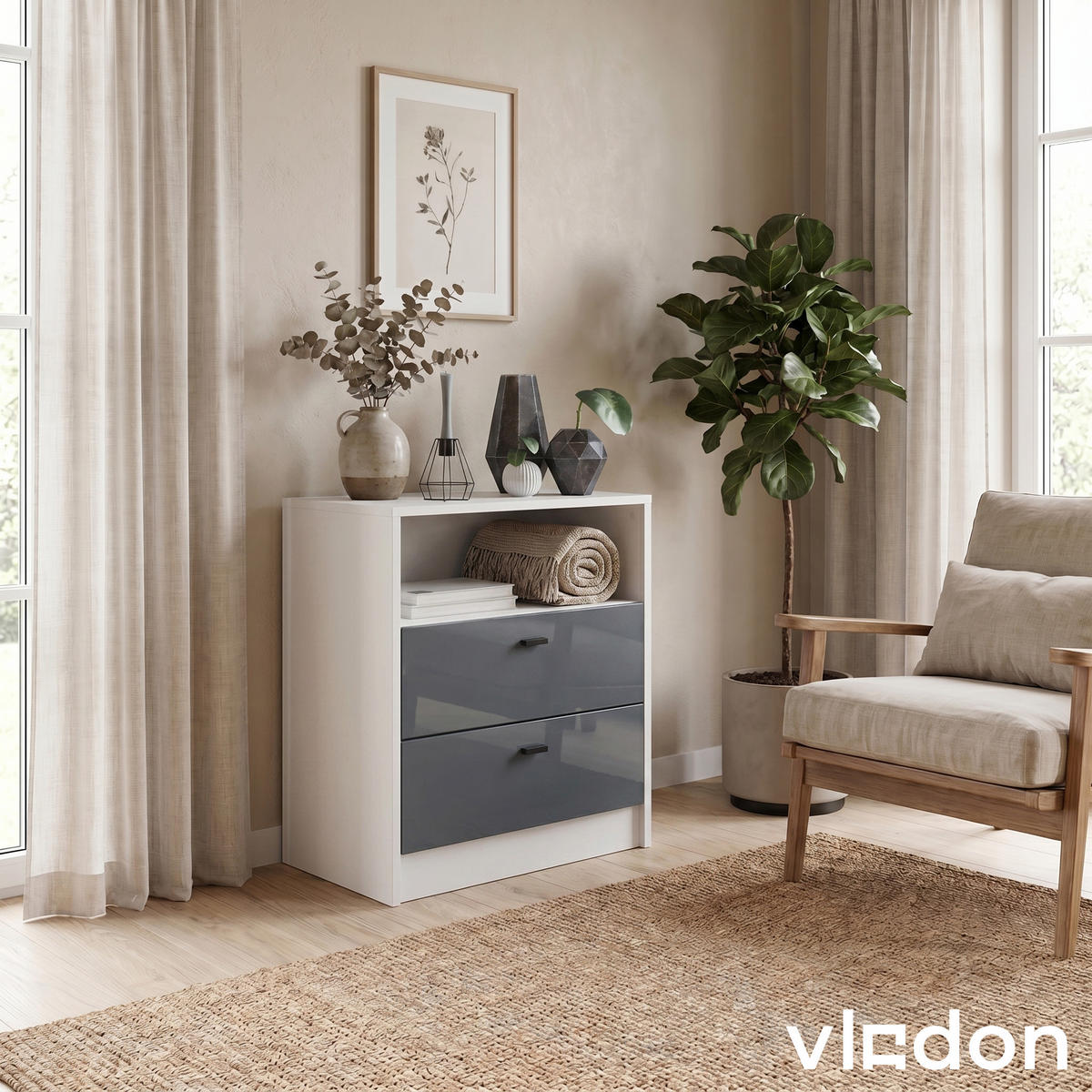 KOMMODE Pino Fronten in Grau Hochglanz - Grau, Holzwerkstoff (56/67.5/36cm) - Vladon