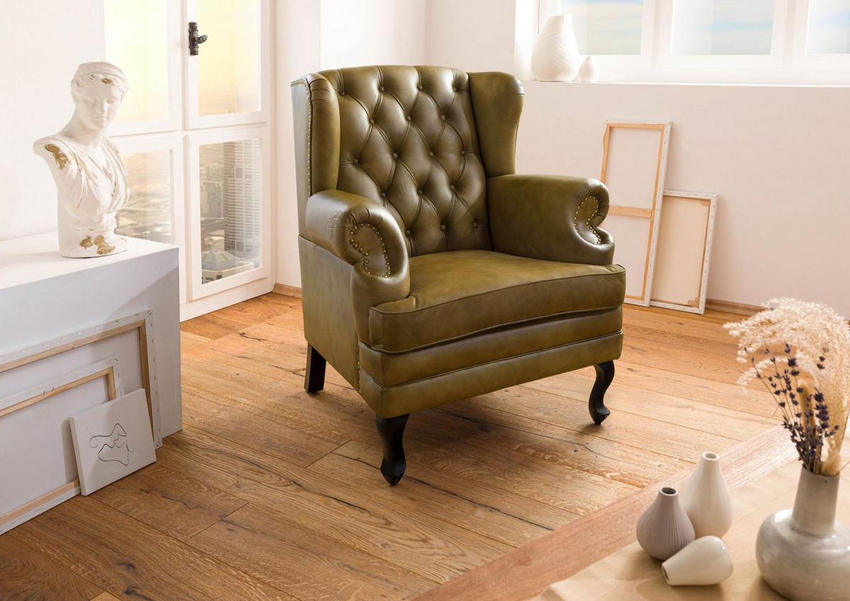 OHRENSESSEL Echtleder 88x81x105 grün CHESTERFIELD #301 - Grün, Leder (88/105/81cm) - Massivmoebel24