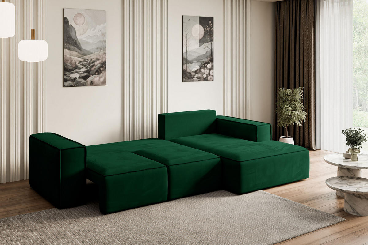 ECKSOFA mit Schlaffunktion und Bettkasten SERRA-L-S - 266x161x87 cm Grün Velours - Schwarz/Grün, Holzwerkstoff/Kunststoff (266/161cm) - ALTDECOR