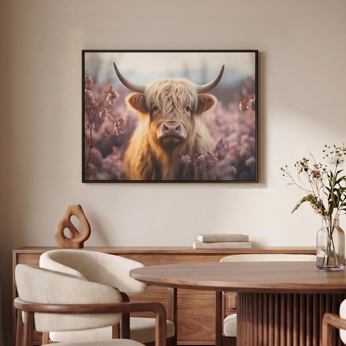 LEINWAND Bilder mit Rahmen - Schottischer Hochländer - Frühling - Hochland - 70x50 - Hellrosa, Textil (70/50cm) - MuchoWow