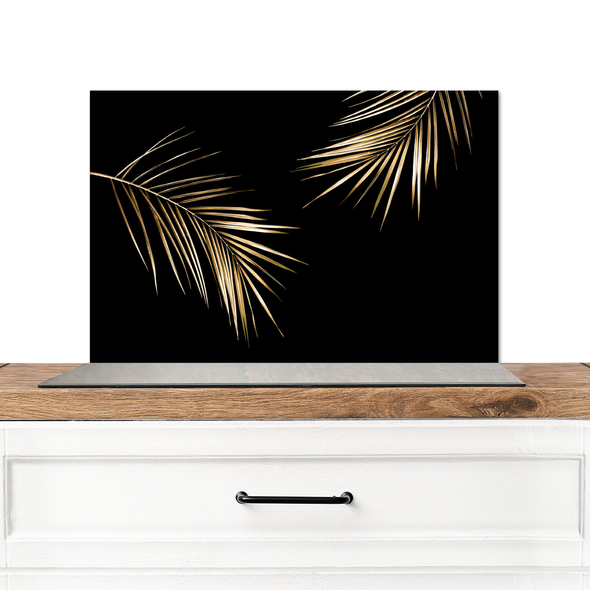 SPRITZSCHUTZ KÜCHE Blätter - Pflanzen - Gold - Schwarz - Luxus 60x40 cm - Goldfarben, Metall (60/0.3/40cm) - MuchoWow