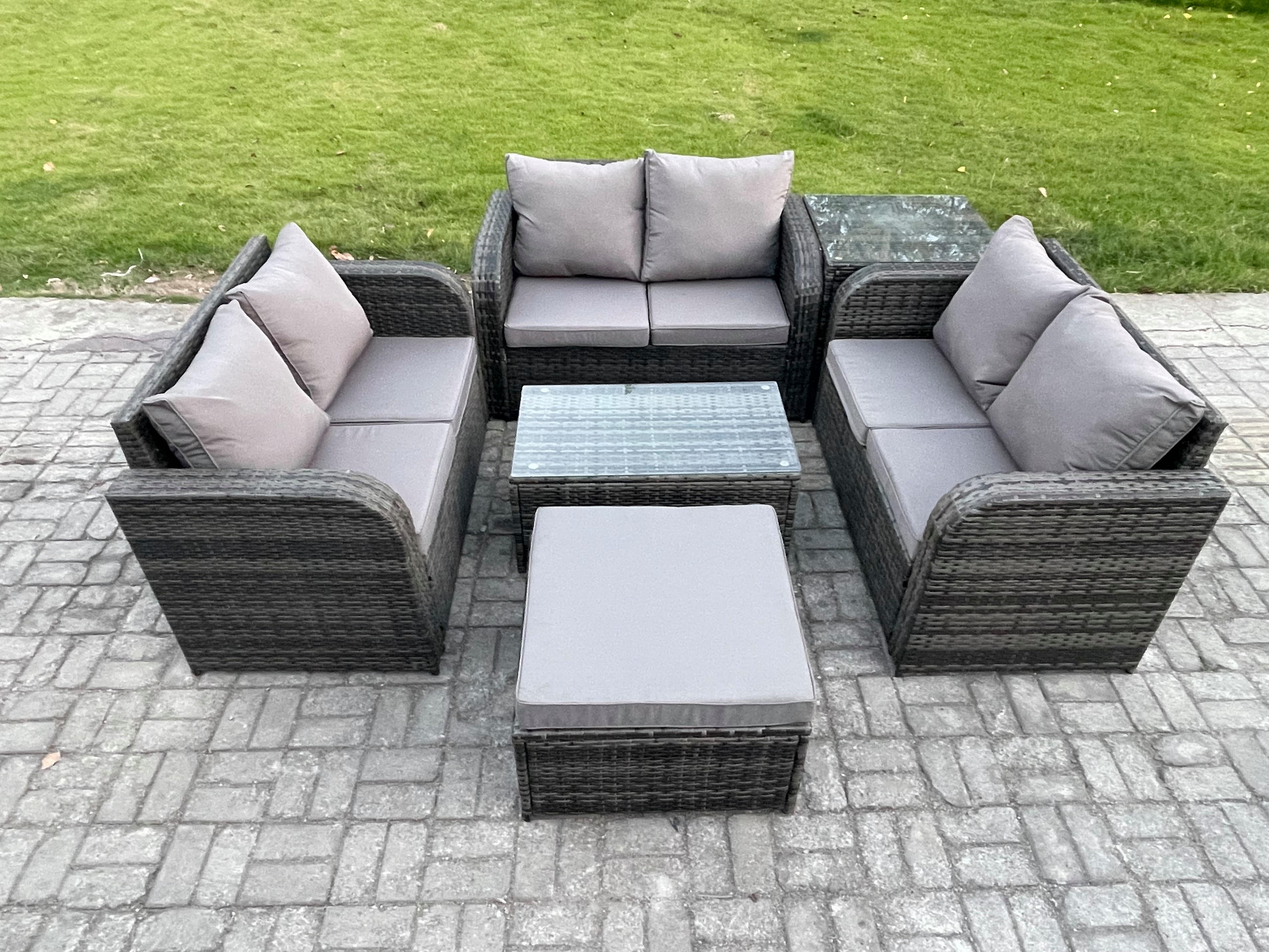GARTENMÖBELGARNITUR mit KISSEN Polyrattan Dunkelgrau 7-Sitzer - Dunkelgrau/Grau, Glas/Kunststoff - Fimous
