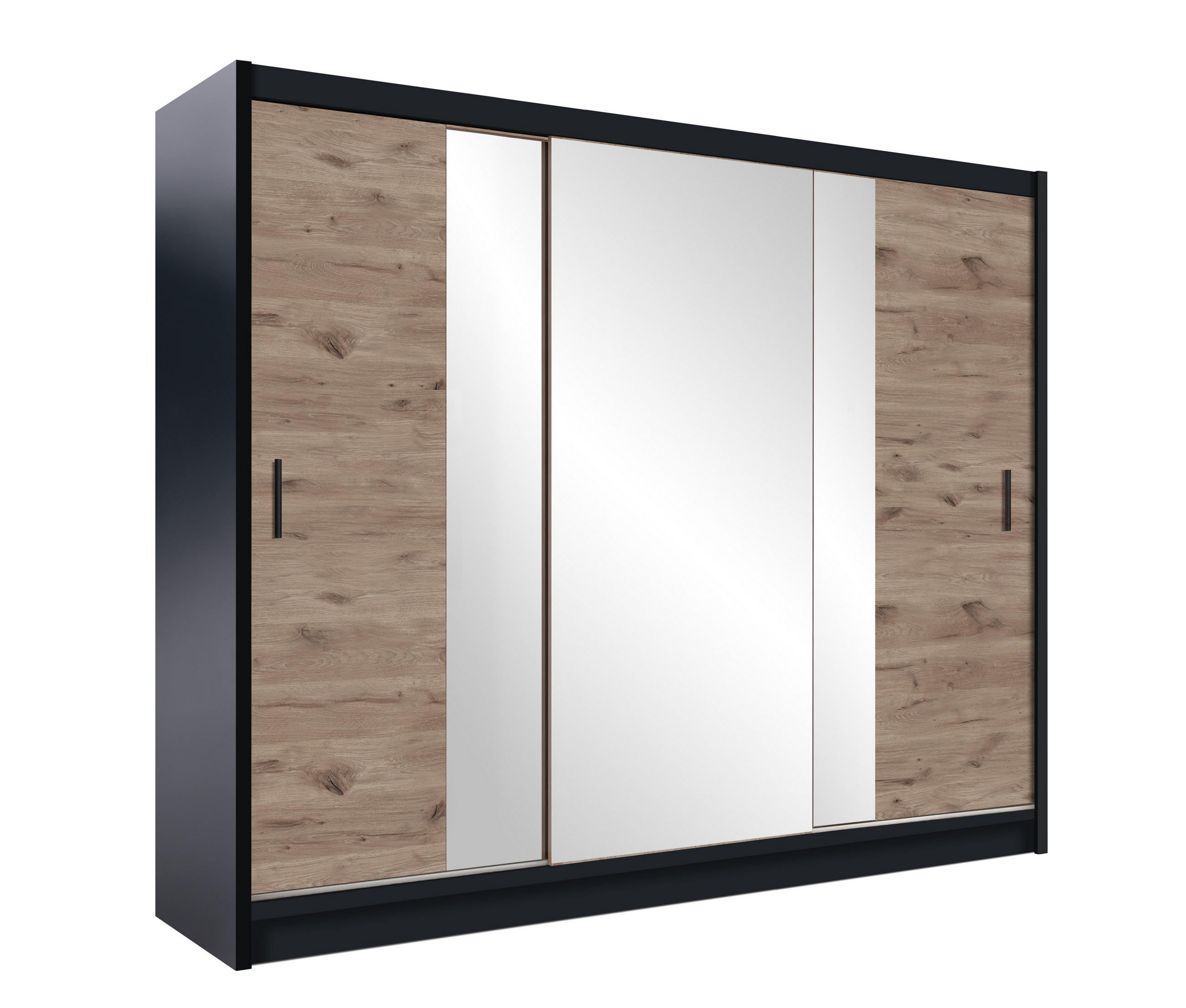 SCHWEBETÜRENSCHRANK KAYLE 250/215/61 cm 3-türig mit Spiegel Schwarz - Eichefarben/Schwarz, Holzwerkstoff (250/215/61cm) - MASSENO