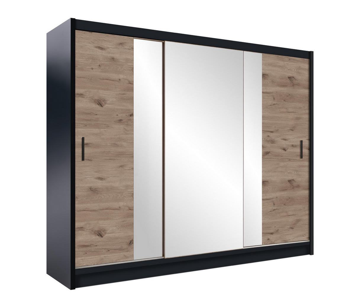 SCHWEBETÜRENSCHRANK KAYLE 250/215/61 cm 3-türig mit Spiegel Schwarz - Eichefarben/Schwarz, Holzwerkstoff (250/215/61cm) - MASSENO
