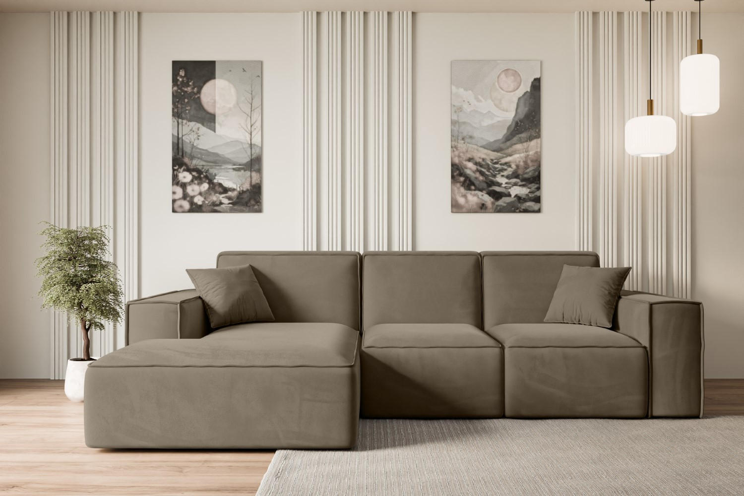 ECKSOFA Ottomane Links SERRA-L - 266x165x73 cm Braun Velours - Schwarz/Braun, Holzwerkstoff/Kunststoff (165/266cm) - ALTDECOR